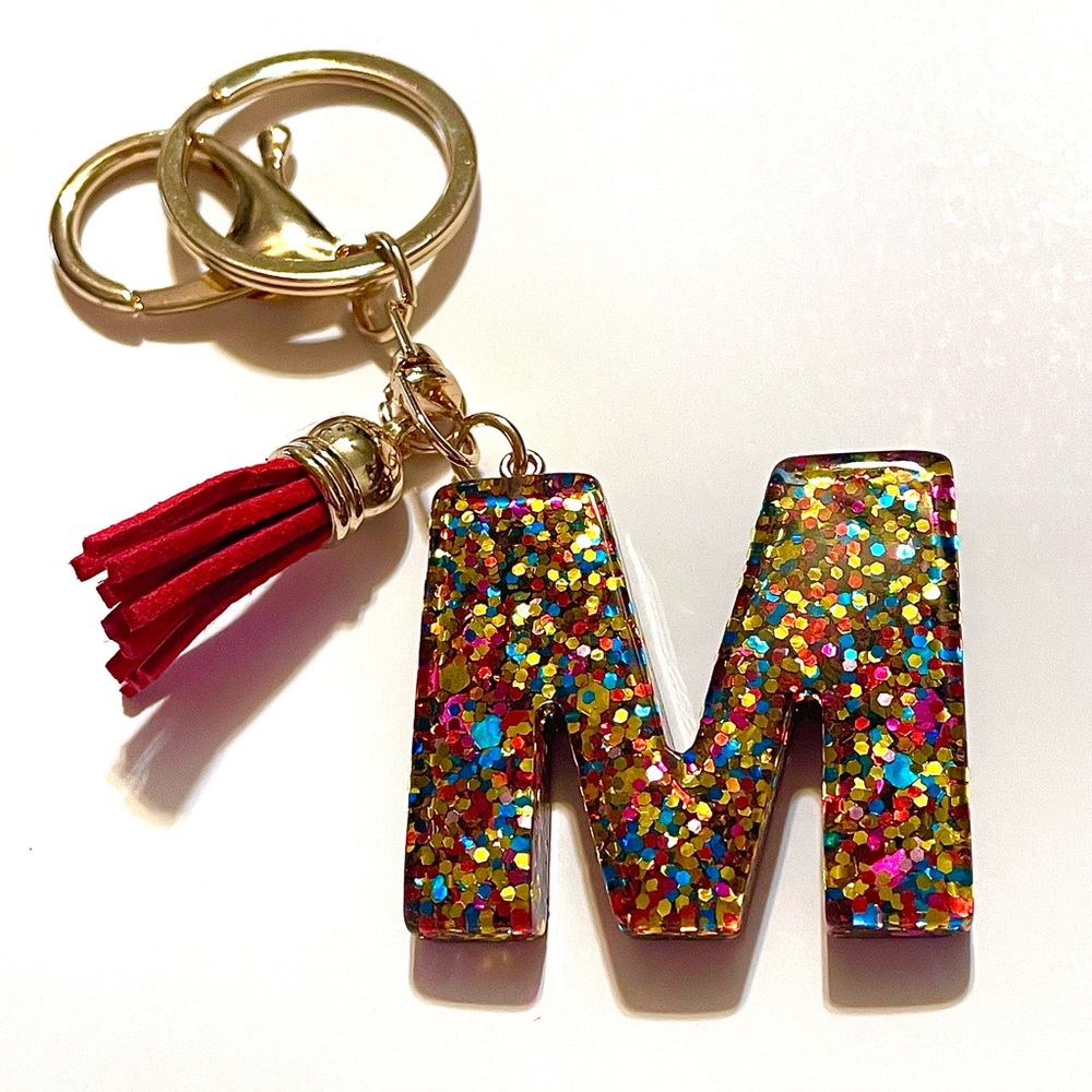 Multicolored Glitter Resin Letter M Keychain
